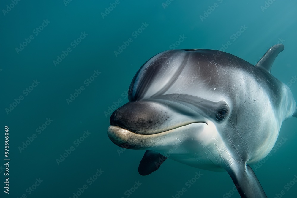 Fototapeta premium vaquita dolphin, highlighting its distinctive facial markings and expressive eyes. The vaquita's dark eye patches and lips stand out against its smooth, light grey body