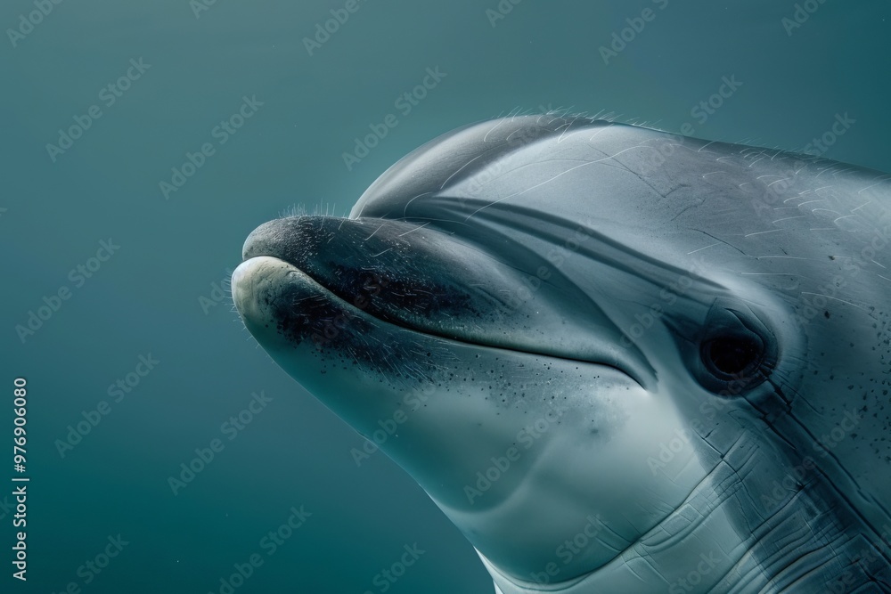 Naklejka premium vaquita dolphin, highlighting its distinctive facial markings and expressive eyes. The vaquita's dark eye patches and lips stand out against its smooth, light grey body
