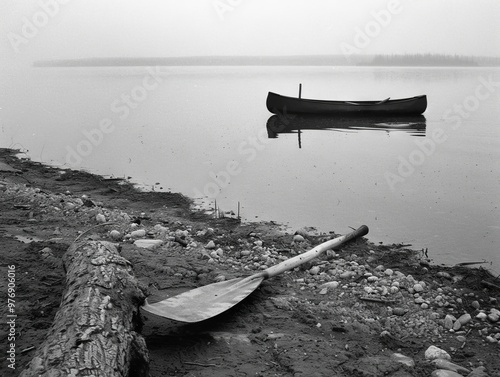 broken paddle lying on a deserted lakeshore, with a canoe drifting away in the background