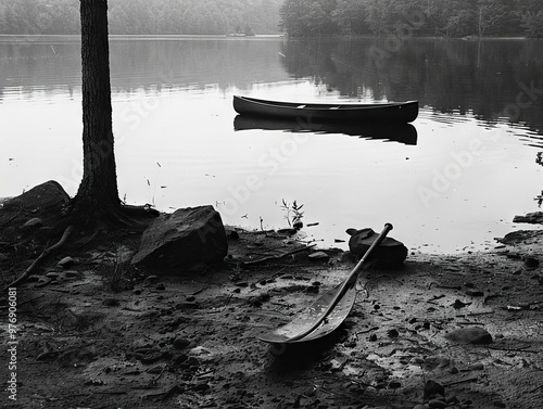 broken paddle lying on a deserted lakeshore, with a canoe drifting away in the background