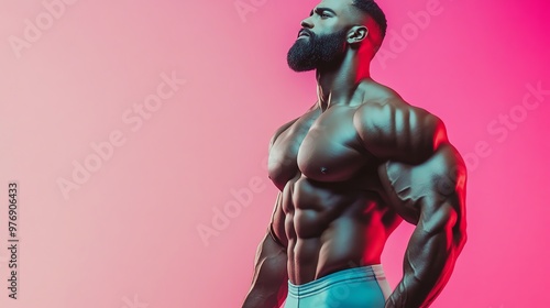 A muscular black man is flexing his bicep in front of a pink background.