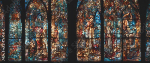 Contemporary stained glass casting colorful hues onto church interiors