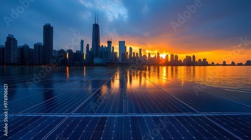 A breathtaking sunset over a modern city skyline, reflecting on a vast field of solar panels, representing a sustainable future.