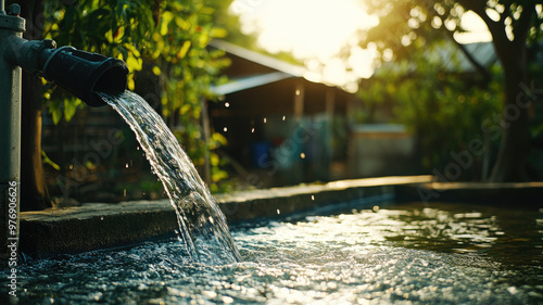 Clean water flowing from a natural source with sunlight reflection