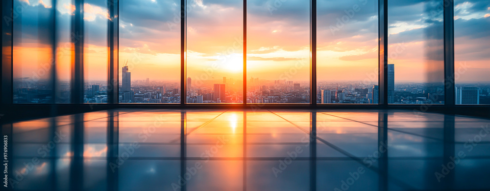 Fototapeta premium Urban Sunset Silhouette - Empty Foreground with Soft Lighting and City Skyline in Background