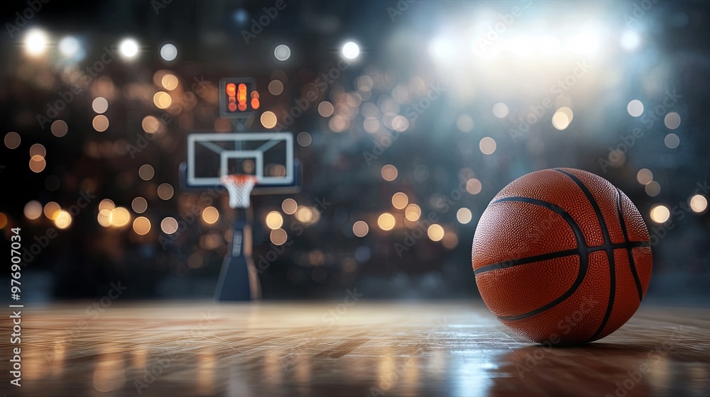 Obraz premium A close-up of a basketball on a court, with a blurred hoop and crowd lights in the background, evoking a sports atmosphere.