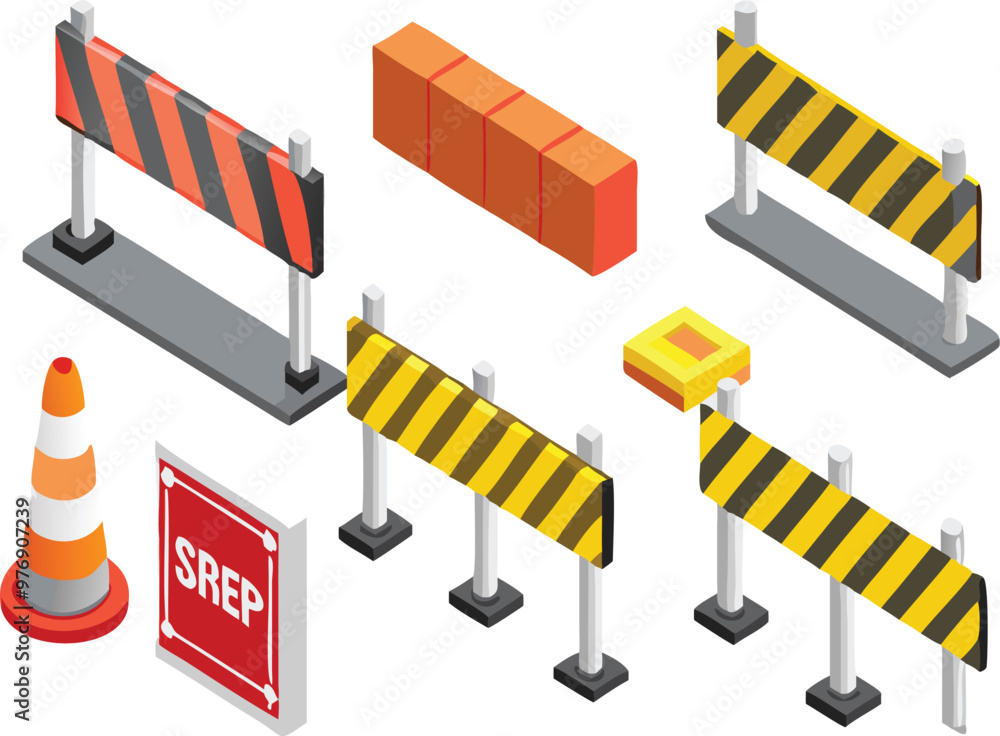 Road, traffic, street barrier or barricade item set. Warning detour, repair hurdle, parking zone, safety boundary, stripped cone and caution obstacle vector illustration isolated on white background Road, traffic, street barrier or barricade item set. Warning detour, repair hurdle, parking zone, safety boundary, stripped cone and caution obstacle vector illustration isolated on white background