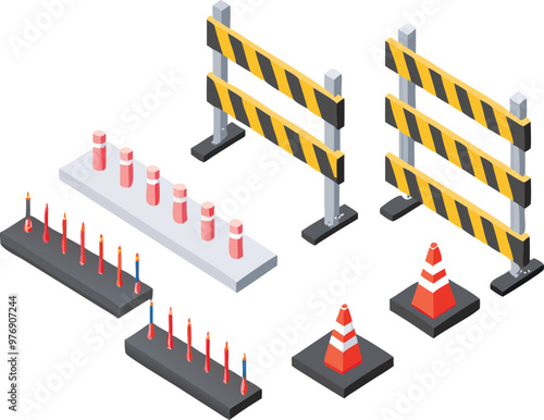 Road, traffic, street barrier or barricade item set. Warning detour, repair hurdle, parking zone, safety boundary, stripped cone and caution obstacle vector illustration isolated on white background