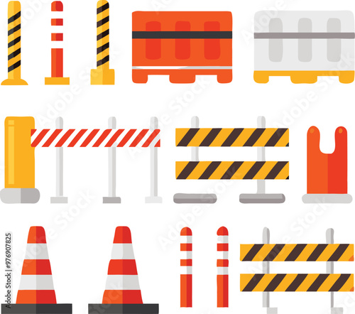 Road, traffic, street barrier or barricade item set. Warning detour, repair hurdle, parking zone, safety boundary, stripped cone and caution obstacle vector illustration isolated on white background