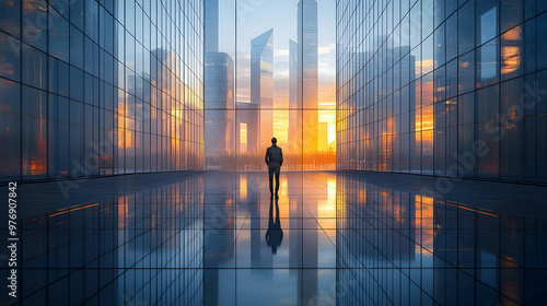 A businessman stands in a m...