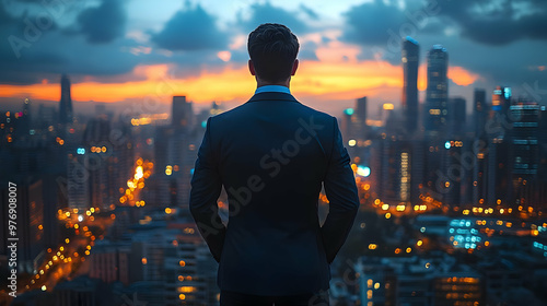 A businessman stands on a r...