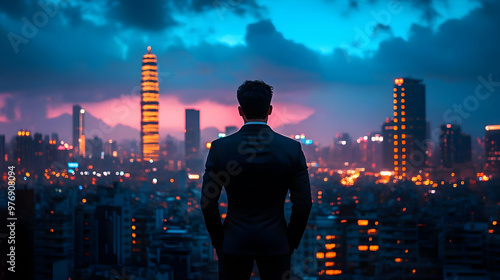 A businessman stands on a r...