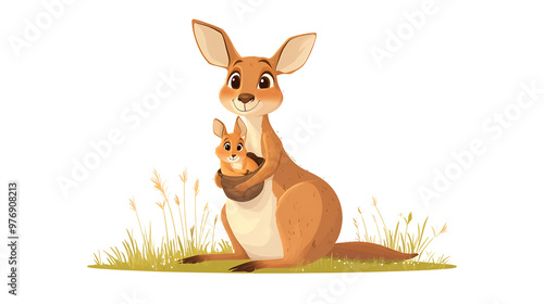 Cartoon Kangaroo Mother Holding Her Joey in Pouch, Illustrated in a Soft Pastel Style photo