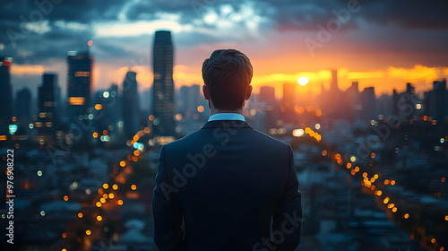 A businessman stands on a r...