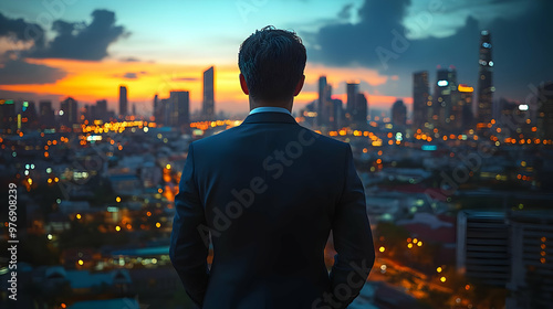 A businessman stands on a r...