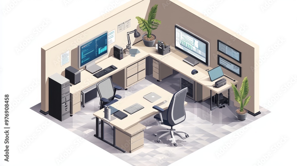 Modern Isometric Office Design with High-Tech Workspace Setup Modern Isometric Office Design with High-Tech Workspace Setup