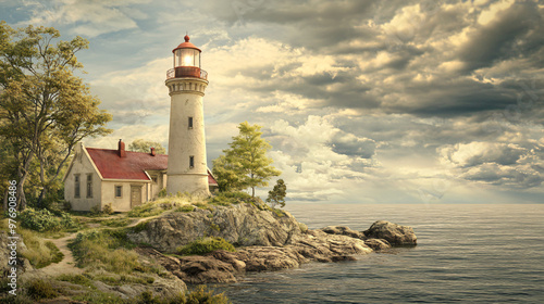 A historical lighthouse with vintage design and scenic surroundings.