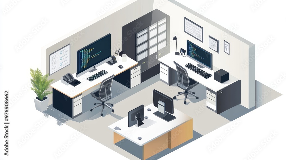 Modern Isometric Office Design with Advanced Tech Setup for Business Workspace Productivity Modern Isometric Office Design with Advanced Tech Setup for Business Workspace Productivity