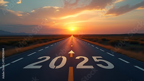 Empty road on the road written 2025 and an arrow pointing to the horizon, background beautiful landscape, sunset .to represent the future and positivity and success of the new year 2025