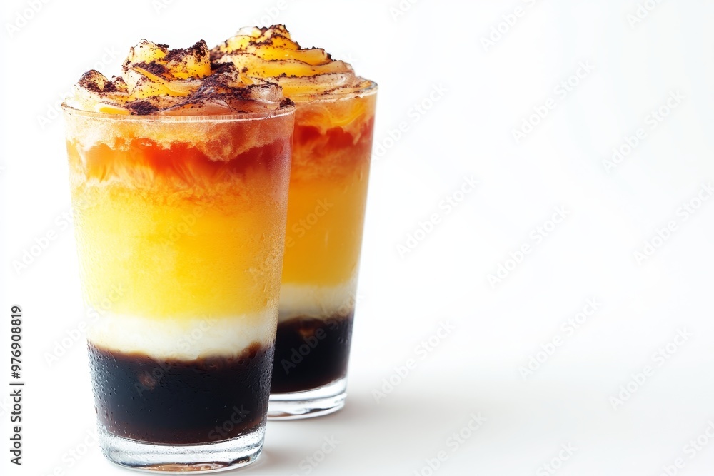 Two Refreshing Mango Smoothies Layered with Yogurt and Topped with Whipped Cream, Isolated on White Two Refreshing Mango Smoothies Layered with Yogurt and Topped with Whipped Cream, Isolated on White