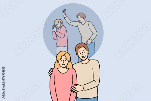 Problem of domestic violence is hidden by man aggressor and woman victim smiling in public. Concept importance of combating family violence and rescuing girls under influence of domestic tyrant