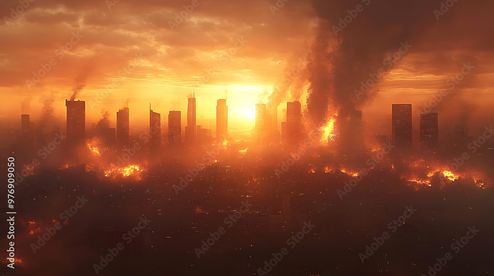 A city engulfed in flames with a blazing sunset in the background. The cityscape is silhouetted against the inferno, with smoke billowing into the sky. A city engulfed in flames with a blazing sunset in the background. The cityscape is silhouetted against the inferno, with smoke billowing into the sky.