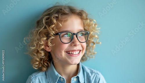 Joyful Curly-Haired Blond Girl Isolated on a vibrant Blue Background.