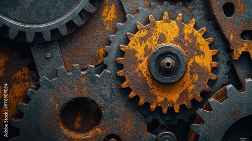 Close-up of rusty gears interlocked, creating a complex mechanism.