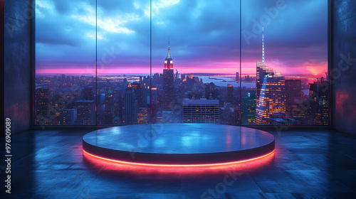 A circular stage with neon ...