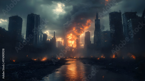 A city in ruins with a larg...