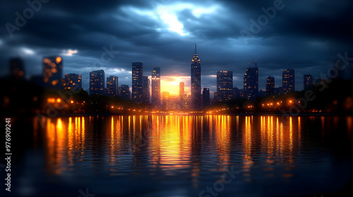 A city skyline at dusk with...