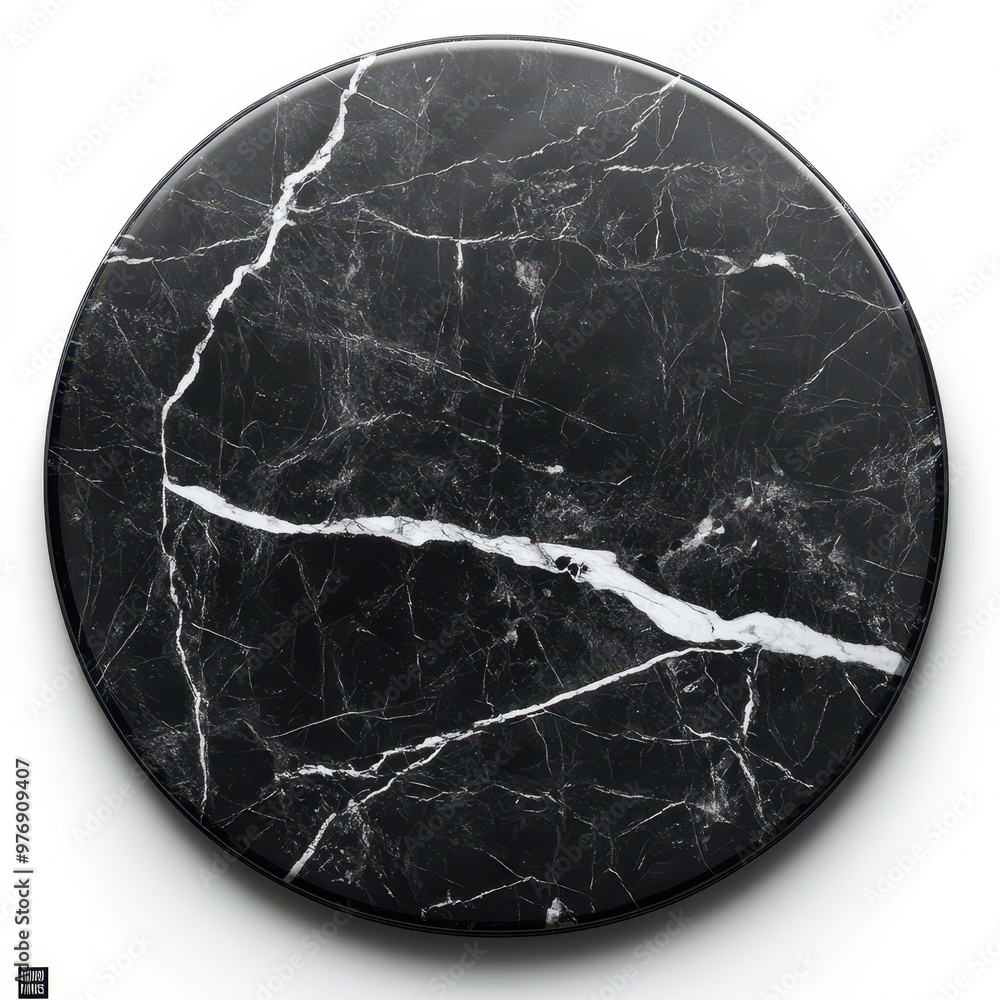 Fototapeta premium Elegant black marble surface coaster with striking white veining, white background