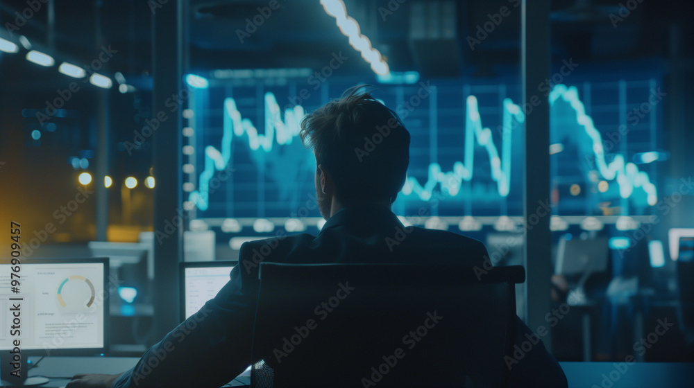 Businessman at desk analyzing revenue charts on digital screen, focused on financial growth and business success, office equipment in background Businessman at desk analyzing revenue charts on digital screen, focused on financial growth and business success, office equipment in background