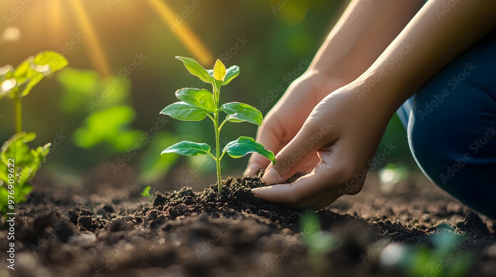 Close-up of hands planting a young tree in soil, sunlight beams on the plant and hand, blurred background with a garden bed full of green plants and trees on a sunny day Close-up of hands planting a young tree in soil, sunlight beams on the plant and hand, blurred background with a garden bed full of green plants and trees on a sunny day