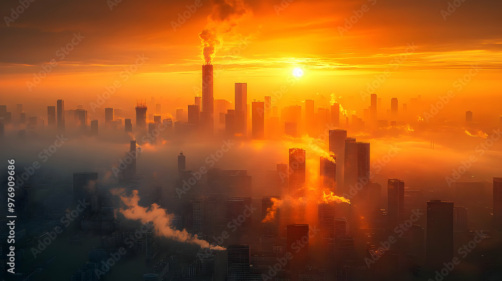 A city skyline at sunset, with smoke rising from chimneys, creating a hazy, orange glow. A city skyline at sunset, with smoke rising from chimneys, creating a hazy, orange glow.