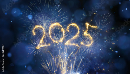 Canvas Print 2025 New Year Celebration With Fireworks In Blue Eve Night