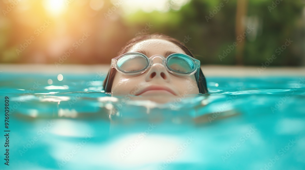 Naklejka premium A person wearing swimming goggles relaxes underwater in a clear pool during a sunny afternoon.
