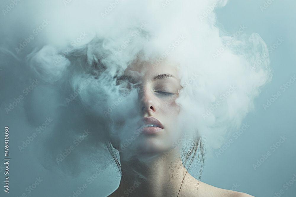 close up of women's head surrounded with cloud, anxiety depression or mental health concept close up of women's head surrounded with cloud, anxiety depression or mental health concept
