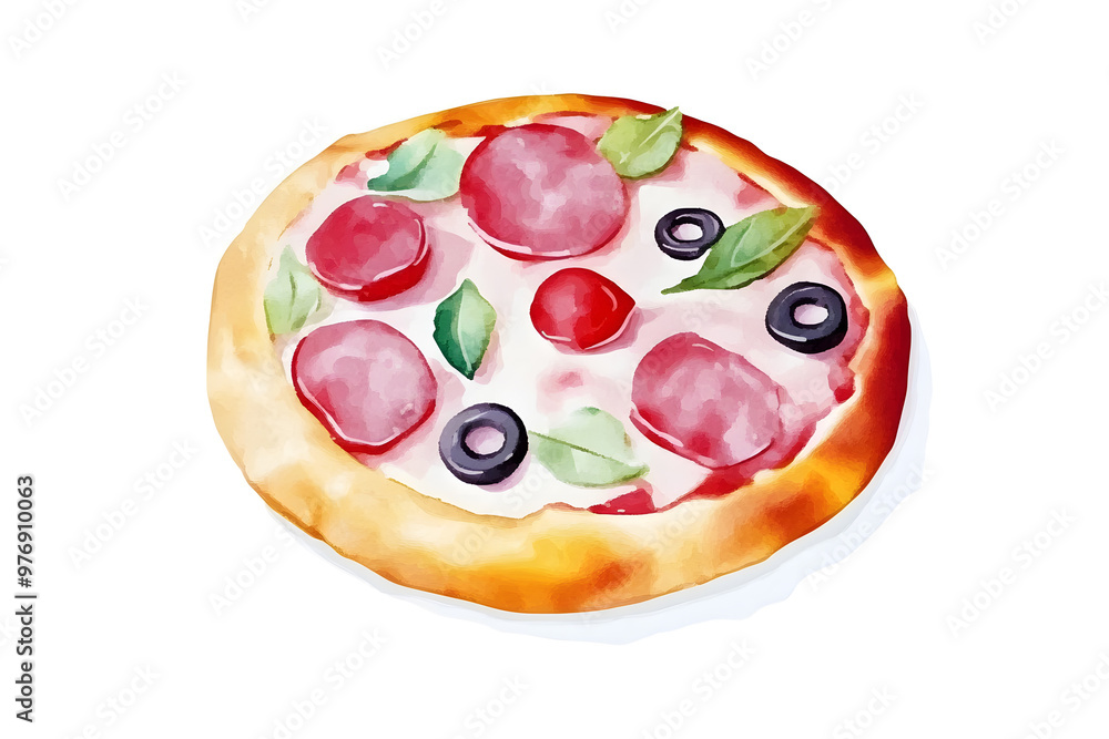 Delicious pizza with tomato, cheese drawn in watercolor isolated on a white background Delicious pizza with tomato, cheese drawn in watercolor isolated on a white background