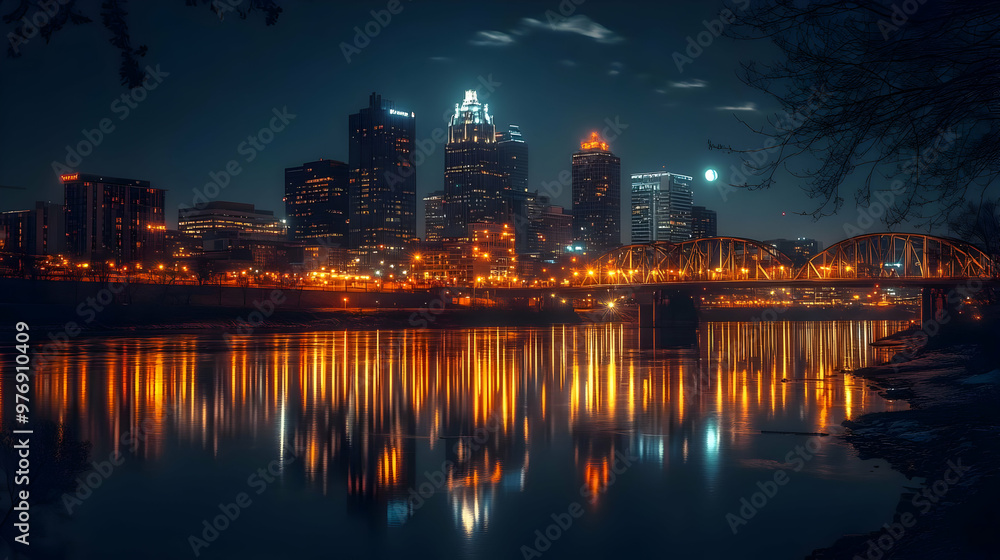 Fototapeta premium A city skyline illuminated by streetlights at night, with a full moon hanging in the sky above the city. The city is reflected in the water below, creating a beautiful and surreal scene.
