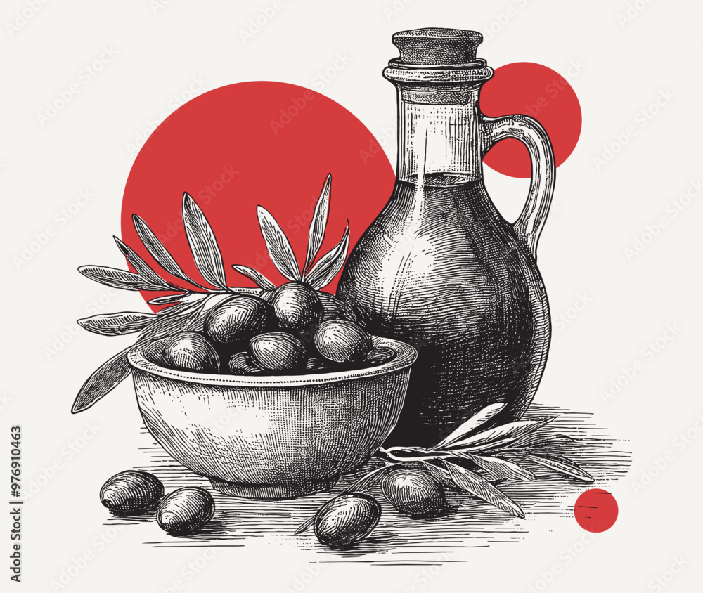 Vintage engraving of branch of olives in a bown and a bottle of olive oil