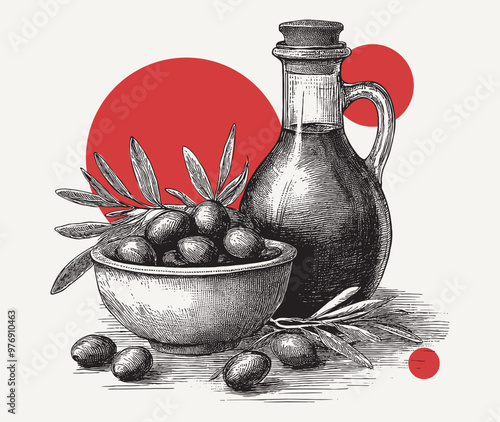 Obraz na płótnie Vintage engraving of branch of olives in a bown and a bottle of olive oil w salonie