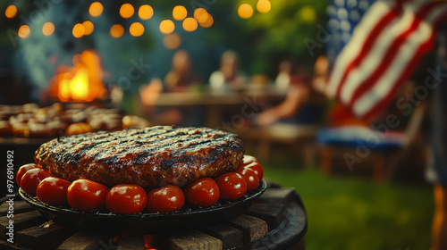 Festive 4th of July BBQ Evening with American Flag, Grilled Burger Patty, Tomatoes, People Enjoying Picnic, Patriotic Summer Celebration, Warm Lights photo