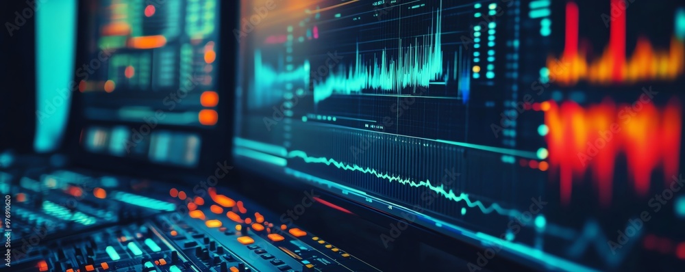 Vibrant soundwave visualizations on digital screens illustrate advanced audio technology and data analysis in a modern environment. Vibrant soundwave visualizations on digital screens illustrate advanced audio technology and data analysis in a modern environment.