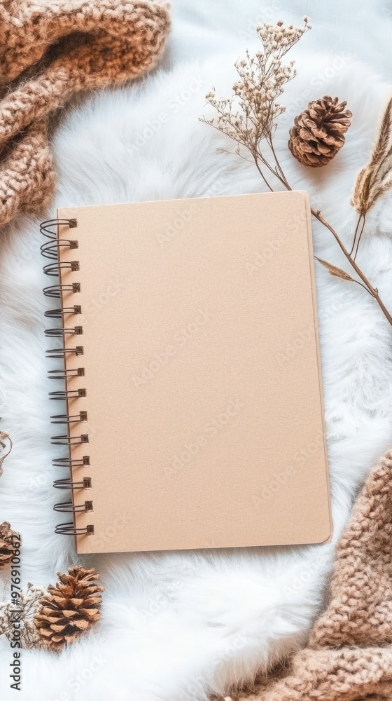 Obraz premium A blank hardcover journal rests on a soft fur blanket, surrounded by dried flowers, set against a serene light blue background, creating an inviting aesthetic atmosphere.