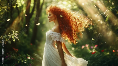 Wallpaper Mural A woman with red curls twirls in a white gown, embraced by a sunlit forest and colorful wildflowers. Torontodigital.ca