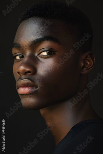 Young African American male model with short curly hair looking at camera on dark background in studio