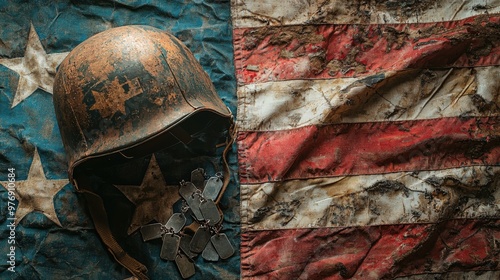 A vintage-themed military display where a tarnished helmet lies atop a crumpled American flag, the dog tags resting prominently on the flag, together capturing the essence of historical military photo