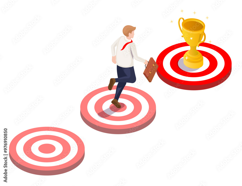 Businessman rushing to target and business goal step by step vector illustration. Challenge for higher rung to achieve success. Office worker reaching golden trophy cup Businessman rushing to target and business goal step by step vector illustration. Challenge for higher rung to achieve success. Office worker reaching golden trophy cup