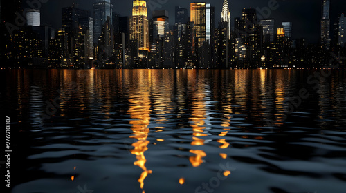 A city skyline reflected in...